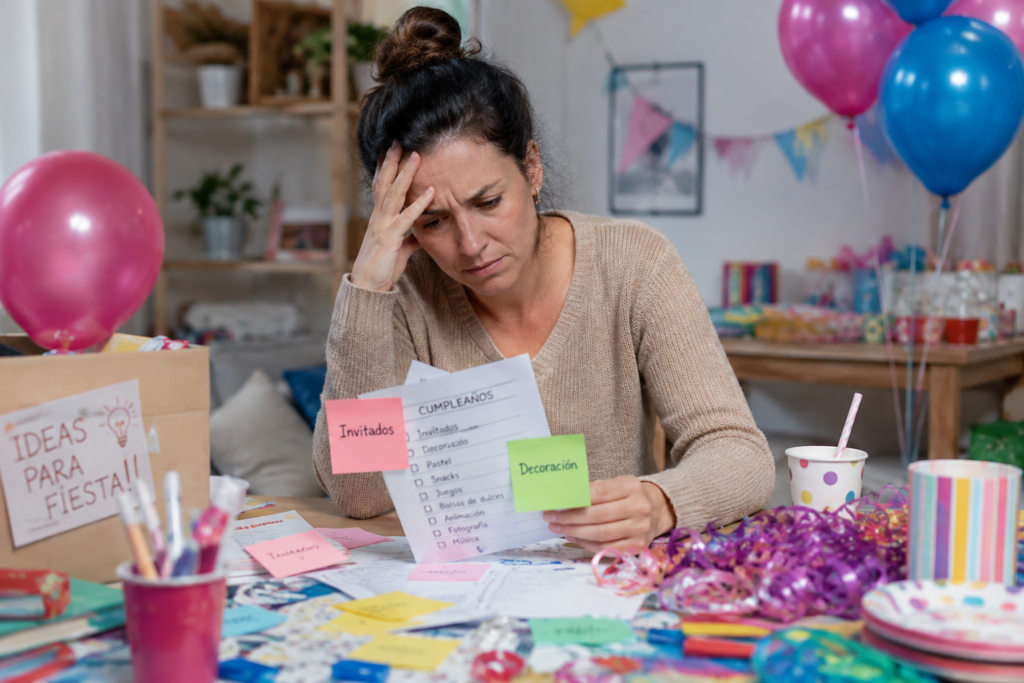 Mujer estresada planeando una fiesta infantil de cumpleaños, rodeada de listas y decoración