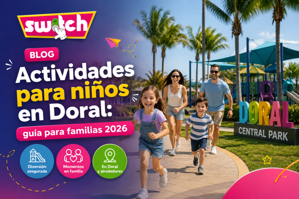 Niños corriendo y jugando en un parque en Doral frente a sus padres