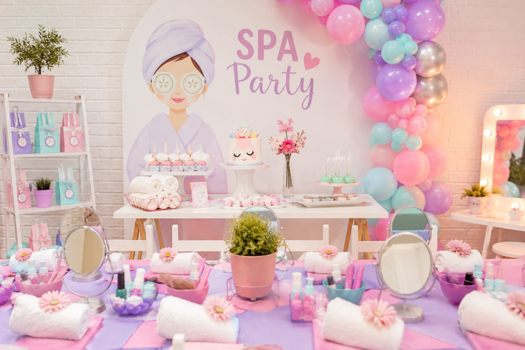 Fiesta de spa para niñas con tratamientos de belleza y decoración temática